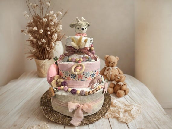 Windeltorte Mädchen,  Rosa Elefant/Reh , Windeltorte Rosa, Personalisierte Windeltorte, Baby Party Geschenk