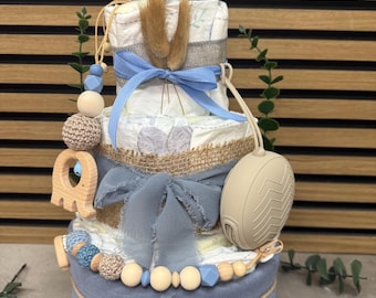 Diaper Cake Boy Elephant Pastel Blue – Personalized – Sustainable Handmade – Premium Baby Cake for Birth, Christening & Baby Shower (Neutral)