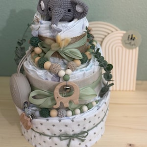 Torta di pannolini neutra Amido delicato – Torta di pannolini con elefante e perle naturali, regalo per nascita, regalo per neonato neutro, maschio e femmina