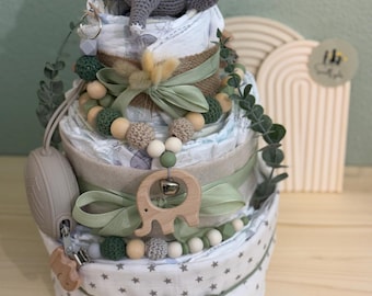 Diaper cake neutral Gentle starch – Diaper cake with elephant and natural pearls, gift for birth, baby gift neutral, boy and girl