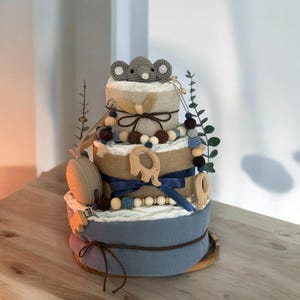Torta di pannolini per bambino "Elefante" blu reale e marrone, torta di pannolini fatta a mano, regalo per la nascita, regalo personalizzato per neonato