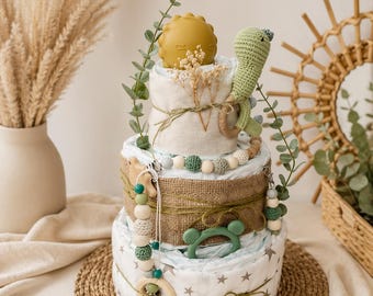 Personalized dinosaur diaper cake, handmade baby gift for birth or christening, neutral unisex diaper cake, baby shower gift with name