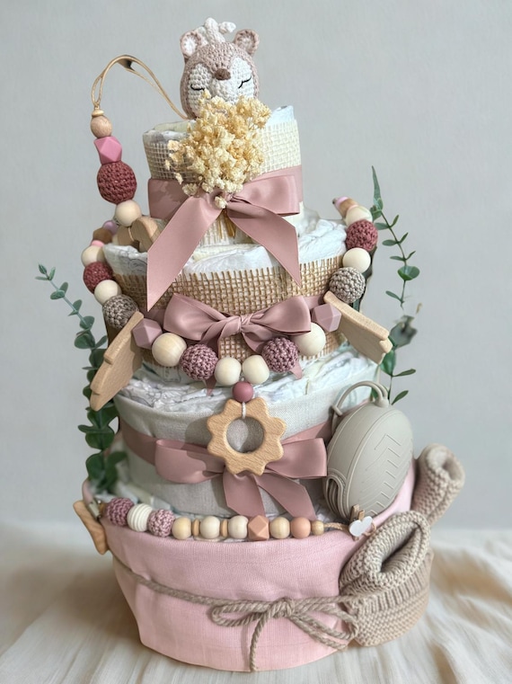 Windeltorte Waldprinzessin Reh • Mädchen Geschenk zur Geburt • Premium Baby Geschenkset • Rosa Natur • Handgemacht • Babyshower Geschenk