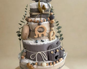 Neutral Elephant Diaper Cake, Baby Gift for Birth, Diaper Cake for Girls, Boys, Baby Shower Gift, Personalized Diaper Cake