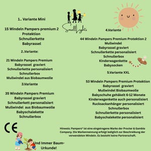 K&ouml;nnte beinhalten: Eine gr&uuml;ne Infografik mit deutschem Text, der Produktvarianten f&uuml;r Babyartikel auflistet. Das Bild zeigt eine Sonne, eine Familiensilhouette und ein CE-Zeichen.