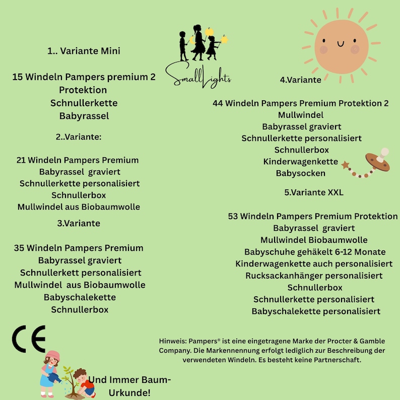 K&ouml;nnte beinhalten: Eine gr&uuml;ne Infografik mit deutschem Text, der Produktvarianten f&uuml;r Babyartikel auflistet. Das Bild zeigt eine Sonne, eine Familiensilhouette und ein CE-Zeichen.