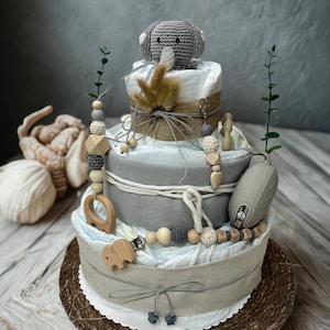 Torta di pannolini elefante neutro grigio/beige, regalo perfetto, fatta a mano e personalizzata