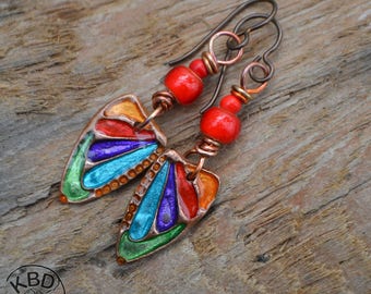 Painted Rainbow Copper Butterfly Wings with Ice Resin and Lampwork Earrings