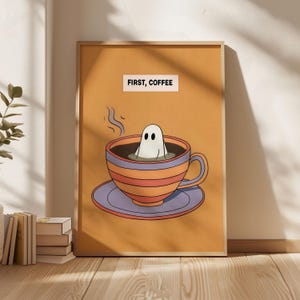 Coffee Lovers Halloween Cute Ghost Art Cafe Decoration Ghost Print Kitchen Station Halloween Coffee Shop Decor Ghostly Poster Espresso Club