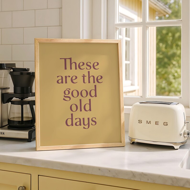 May include: A framed print with the text "These are the good old days" in a serif font. A cream-colored SMEG toaster is next to the frame. A coffee maker is visible in the background.