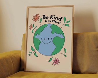Sé amable con el planeta Póster ecológico para el aula Salva el cambio climático Arte mural Campamento Calentamiento global Impresión Cara sonriente Día de la Tierra