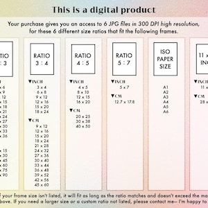 May include: A digital product information sheet with size ratios for frames. Includes inch and centimeter measurements for various print sizes, such as 4x6 inches, 8x10 inches, and 11x14 inches, as well as A1-A6 paper sizes.