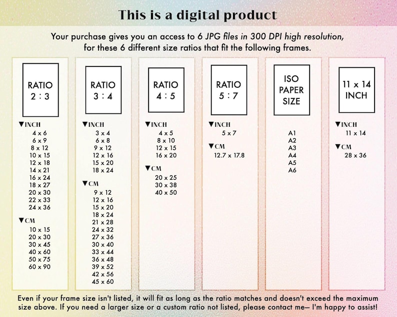 May include: A digital product information sheet with size ratios for frames. Includes inch and centimeter measurements for various print sizes, such as 4x6 inches, 8x10 inches, and 11x14 inches, as well as A1-A6 paper sizes.