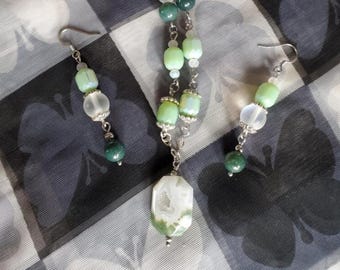 Moss agate mystic aura necklace earring set beaded jewelry handmade adjustable length necklace