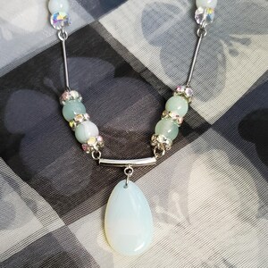 Pale blue agate bead necklace Czech teardrop pendant beaded necklace handmade cool icy blue and silver jewelry