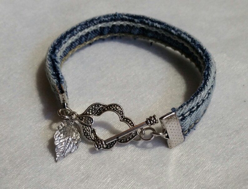 Denim blue jean bracelet leaf charm bracelet leaf toggle clasp boho bracelet gift for her