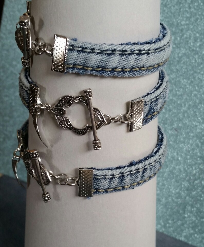 Denim blue jean bracelet leaf charm bracelet leaf toggle clasp boho bracelet gift for her