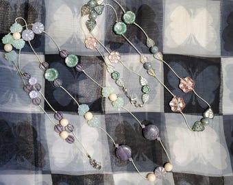 Czech flowers and leaf bead necklaces hand knotted long beaded necklace handmade boho