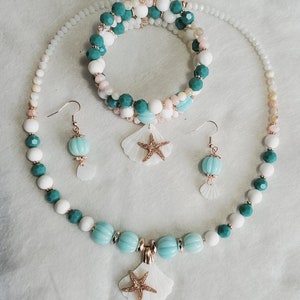 Starfish scallop shell jewelry set 3 piece matching set beach tropical jewelry necklace memory wire bracelet dangle drop earrings handmade image 5