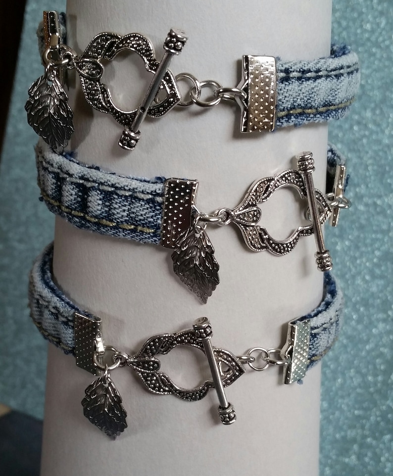 Denim blue jean bracelet leaf charm bracelet leaf toggle clasp boho bracelet gift for her