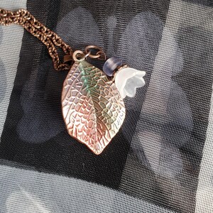 Leaf flower necklace antique copper lily flower necklace floral hand painted jewelry handmade choice of colors leaf pendant
