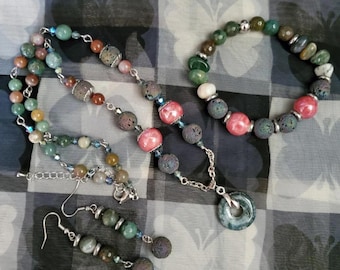 Fancy jasper jewelry set matching necklace bracelet and earrings handmade jewelry natural stone