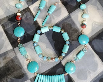 Turquoise magnesite 3 piece matching jewelry set necklace bracelet earrings handmade unique beaded jewelry