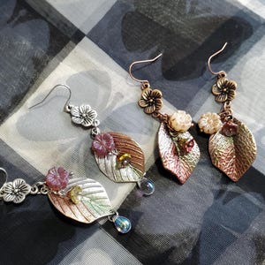Hand painted leaf flower raindrop earrings Czech multi flower dangle drop