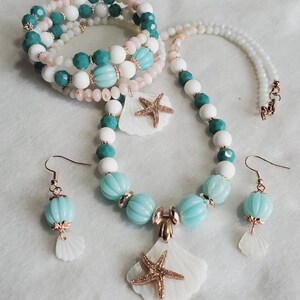 Starfish scallop shell jewelry set 3 piece matching set beach tropical jewelry necklace memory wire bracelet dangle drop earrings handmade image 3