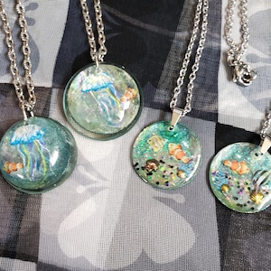 Aquarium necklace jellyfish pendant hand painted pendant ocean tropical jewelry resin necklace