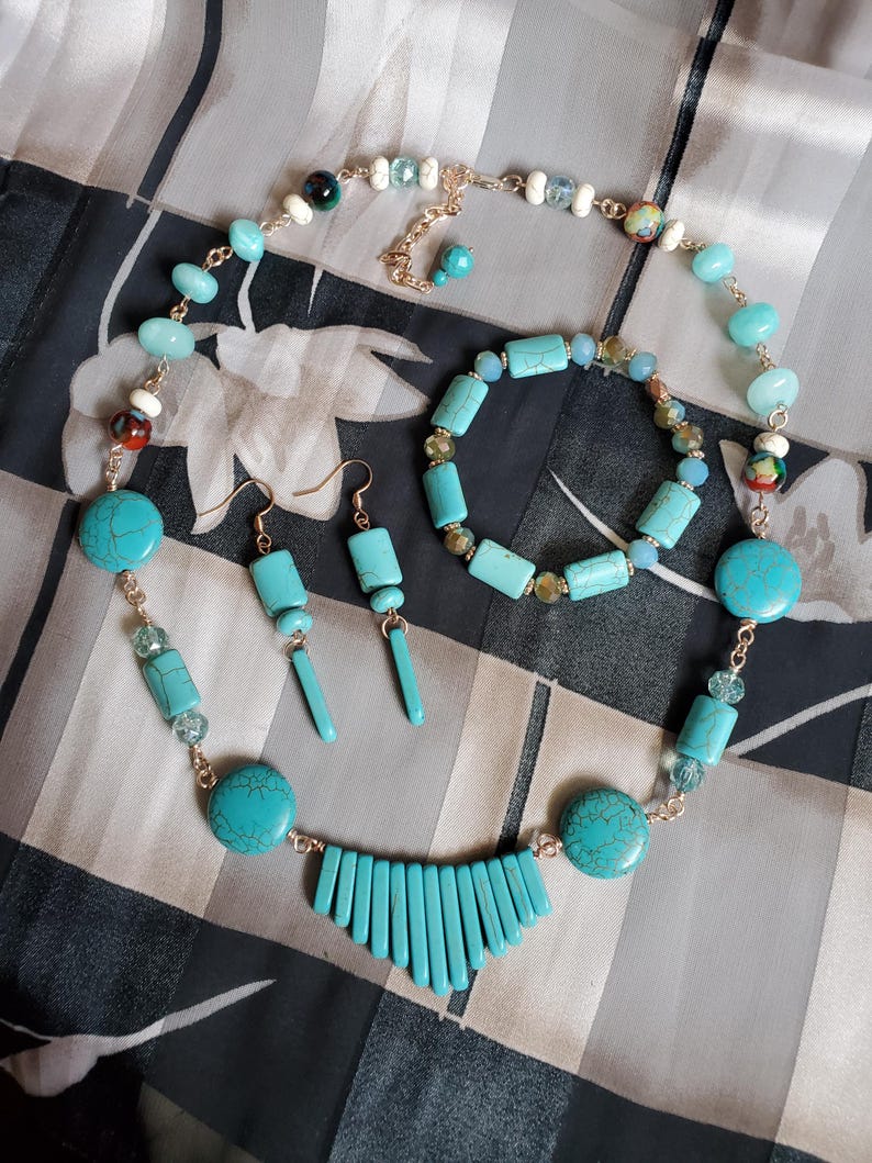 Dazzling beaded necklace with matching dangle drop earrings 2 piece jewelry set handmade necklace and earrings amazonite and jasper image 11