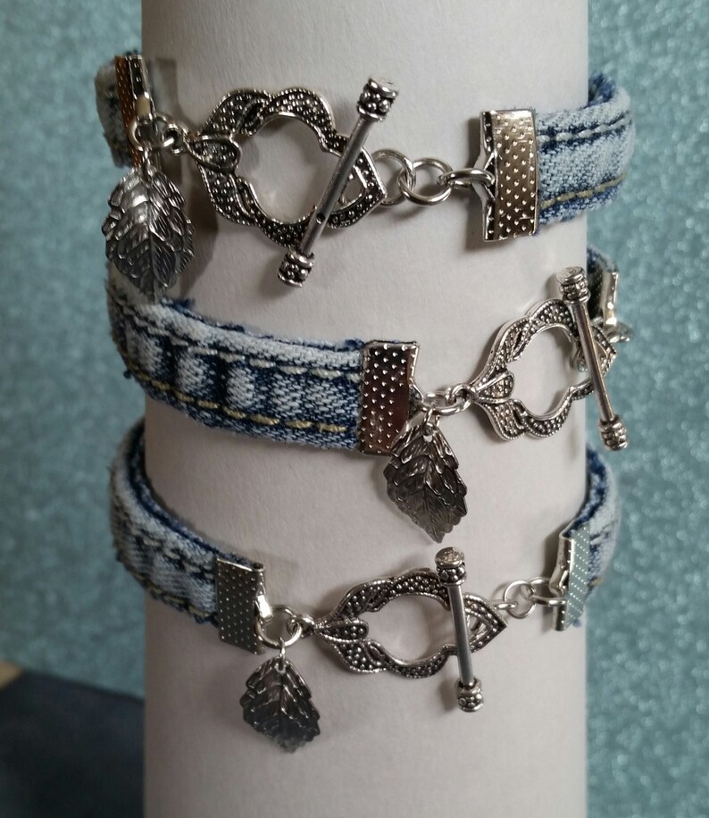 Denim blue jean bracelet leaf charm bracelet leaf toggle clasp boho bracelet gift for her