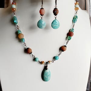 Dazzling beaded necklace with matching dangle drop earrings 2 piece jewelry set handmade necklace and earrings amazonite and jasper image 10