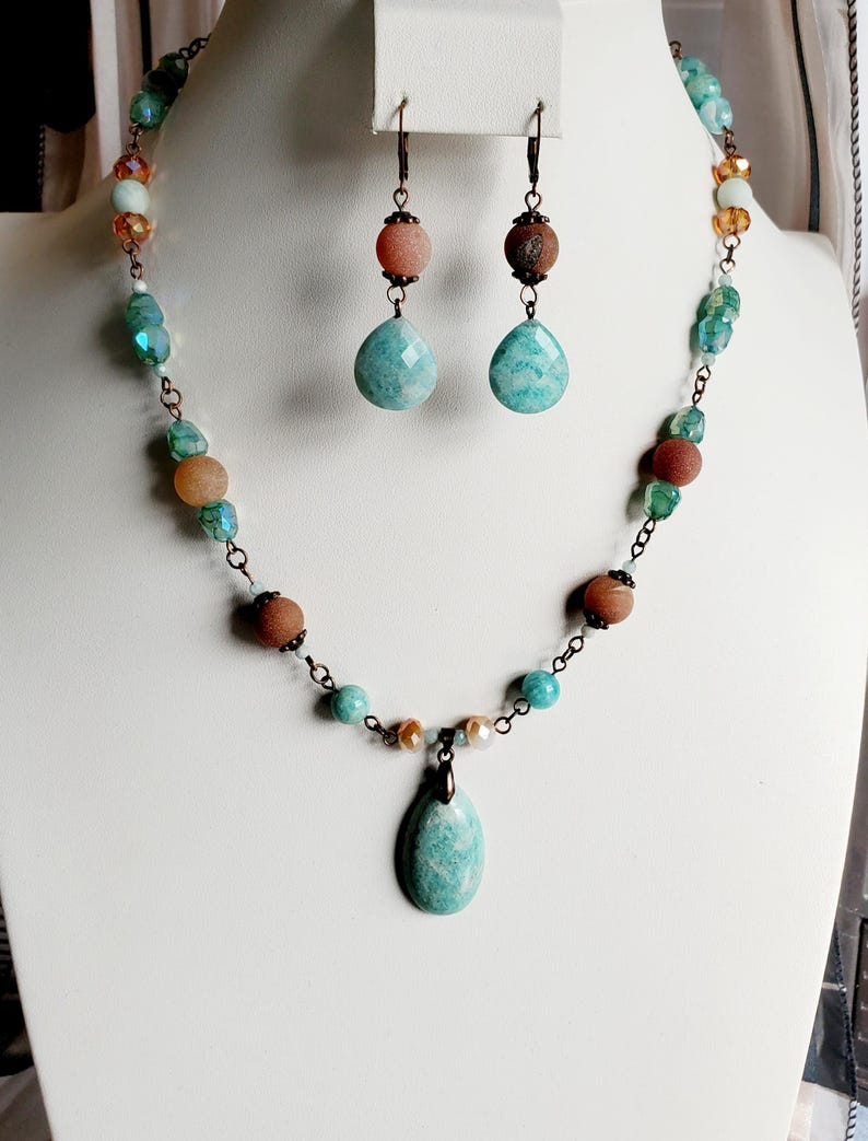 Dazzling beaded necklace with matching dangle drop earrings 2 piece jewelry set handmade necklace and earrings amazonite and jasper image 10