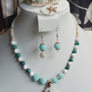 Starfish scallop shell jewelry set 3 piece matching set beach tropical jewelry necklace memory wire bracelet dangle drop earrings handmade image 6