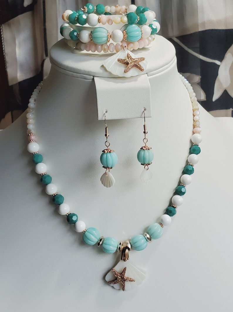 Starfish scallop shell jewelry set 3 piece matching set beach tropical jewelry necklace memory wire bracelet dangle drop earrings handmade image 6