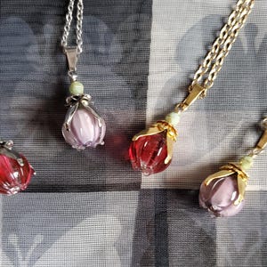 Tiny Lampwork glass flower bud necklace soft peach color handmade dainty necklace