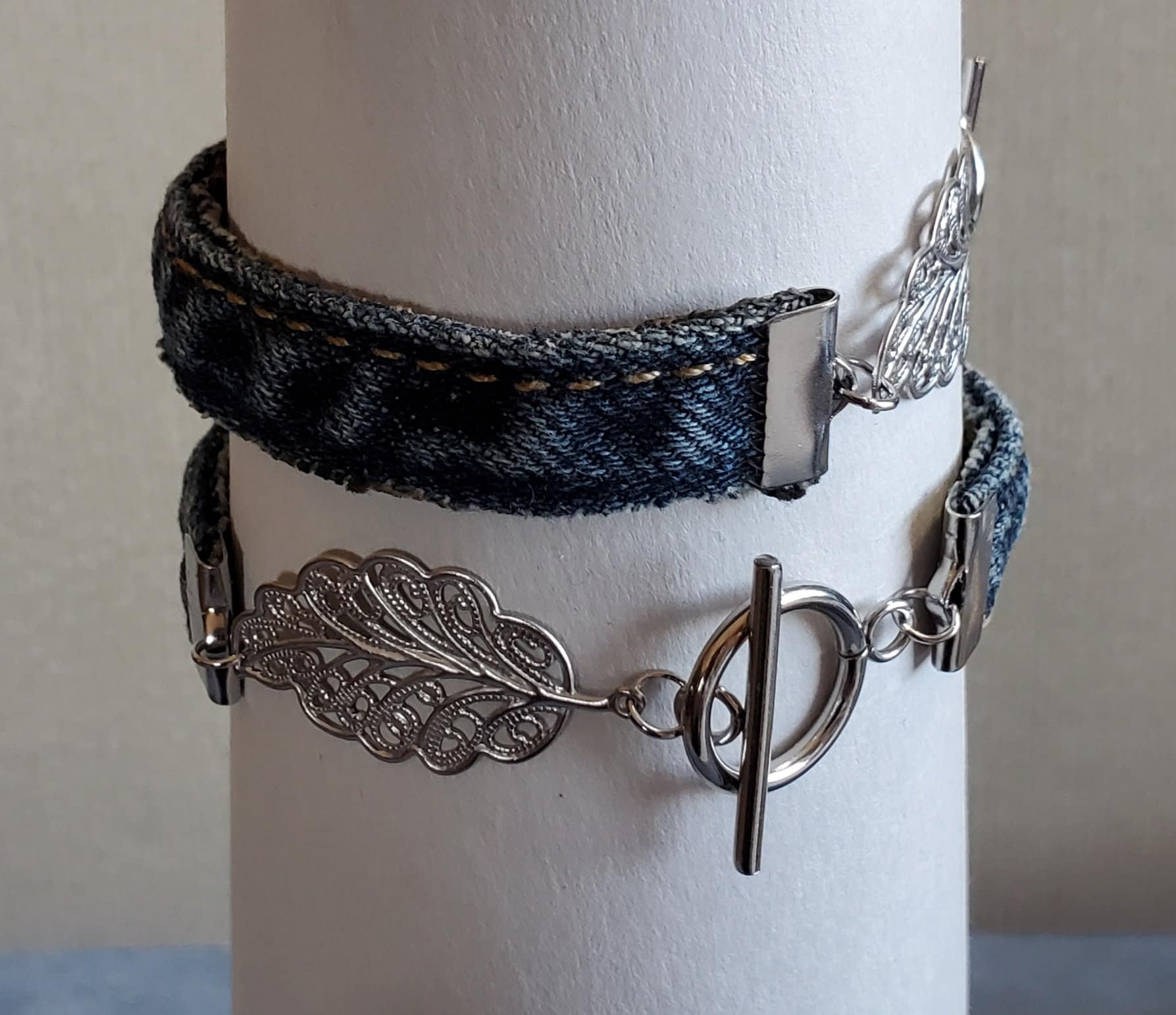 Denim Bracelet Dark Blue Denim Leaf Charm/connector Link Handmade