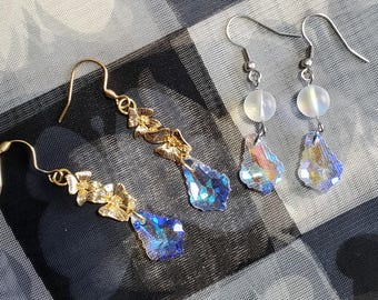 Mystic aura bead drop earrings crystal baroque handmade gold orchid flower