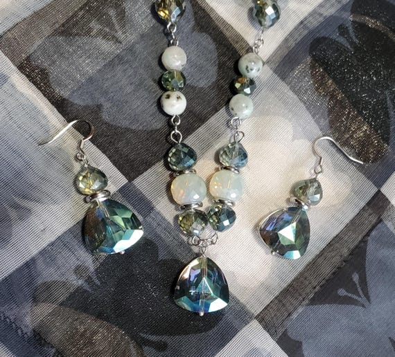 Dazzling beaded necklace with matching dangle drop earrings 2 piece jewelry set handmade necklace and earrings amazonite and jasper