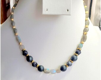 Labradorite beaded necklace with extender chain gemstone necklace gray black gold