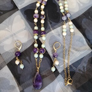 Amethyst pendant beaded necklace matching earrings 2 piece jewelry set. Handmade necklace with beads