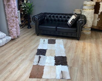 Handmade Tricolour Goatskin Patchwork Rug: Soft Fluffy Area Rug