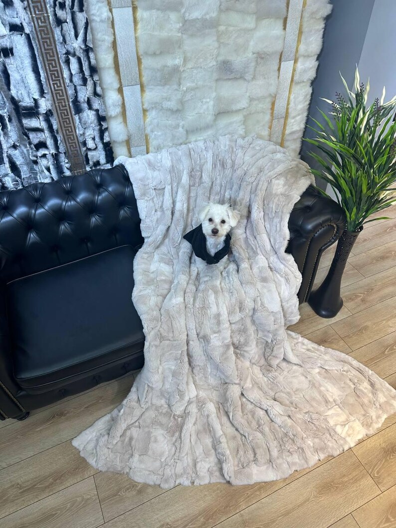 Handmade Natural Real Rabbit Beige Tones Fur Blanket Throw | Personalized Fur Sofa Cover Bedspread | Fluffy Throw Blanket | Soft Cozy Bedspread Cover
