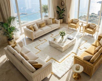 Handmade White & Gold Plush Fur Rug  Plush Shaggy, Modern Decor