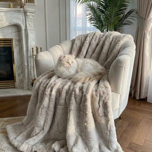 Natural Real Rabbit Fur Blanket Cream Beige Tones Throw | Personalized Handmade Fur Sofa Cover Bedspread | Fluffy Throw Blanket