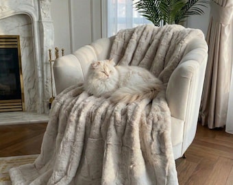 Natural Real Rabbit Fur Blanket Cream Beige Tones Throw | Personalized Handmade Fur Sofa Cover Bedspread | Fluffy Throw Blanket