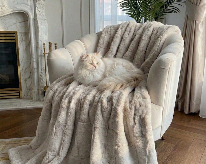 Featured listing image: Natural Real Rabbit Fur Blanket Cream Beige Tones Throw | Personalized Handmade Fur Sofa Cover Bedspread | Fluffy Throw Blanket