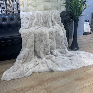 Handmade Natural Real Rabbit Beige Tones Fur Blanket Throw | Personalized Fur Sofa Cover Bedspread | Fluffy Throw Blanket | Soft Cozy Bedspread Cover