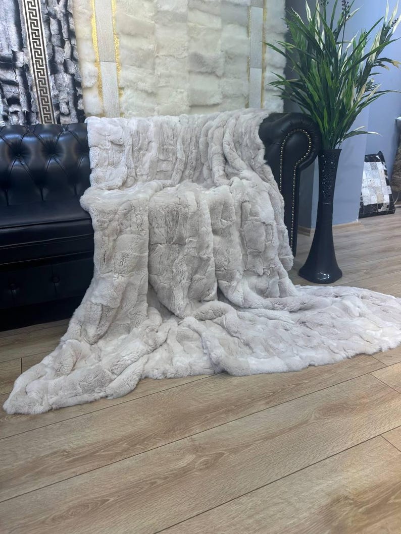 Handmade Natural Real Rabbit Beige Tones Fur Blanket Throw | Personalized Fur Sofa Cover Bedspread | Fluffy Throw Blanket | Soft Cozy Bedspread Cover